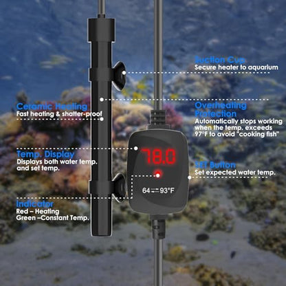 Aquarium Heater 50W Super Small Fish Tank Heater with Digital Display Thermostat, Alumina Ceramic Betta Tank Heater Turtle Heater for 5-10 Gallon Tanks - size: For Aquariums ≤ 10 Gal