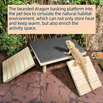 Bearded Dragon Basking Platform with Climbing Ramp,Reptile Basking Rock Slate,Wooden Platform Hide Cave Tank Accessories for Lizard Tortoise Leopard Gecko Snake (M) - size: M - 11.8"D x 5.9"W x 4.7"H