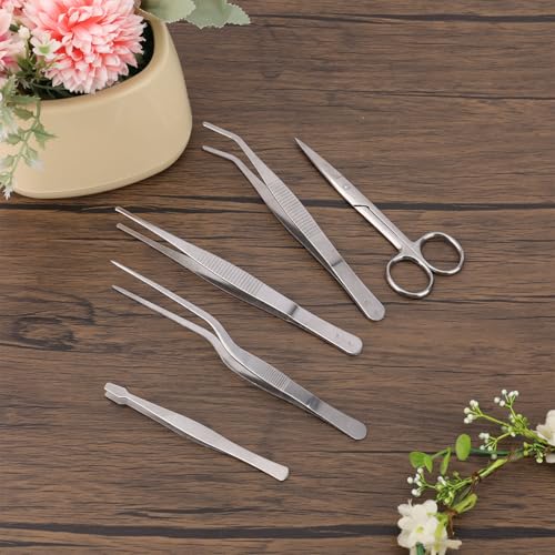 5pcs Plant Tweezers and Scissors, Long Stainless Steel Garden Bend Tongs Set with Straight Curved Flat Point Tip Multiple-Use Gardening Tools for Bonsai Reptile Feeding Kitchen Use