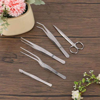 5pcs Plant Tweezers and Scissors, Long Stainless Steel Garden Bend Tongs Set with Straight Curved Flat Point Tip Multiple-Use Gardening Tools for Bonsai Reptile Feeding Kitchen Use
