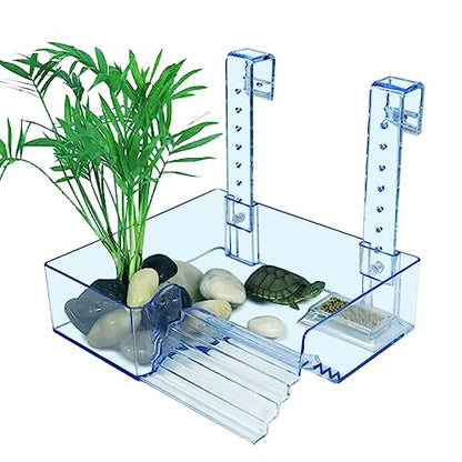 La La Pet Hanging Acrylic Turtle Basking Platform with Guardrail and Ladder - Tortoise Resting Terrace Reptile Habitat for Medium Turtle Tank - size: Medium