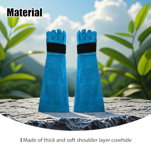 23.43" Animal Handling Gloves,Cowhide Bite Proof, Fits Dogs/Cats | 23.43" Extra Long Forearm Protection, Snake & Scratch Resistant, Reinforced Leather, Fits Reptiles, Birds & Falconry - color: Blue（23.43"）