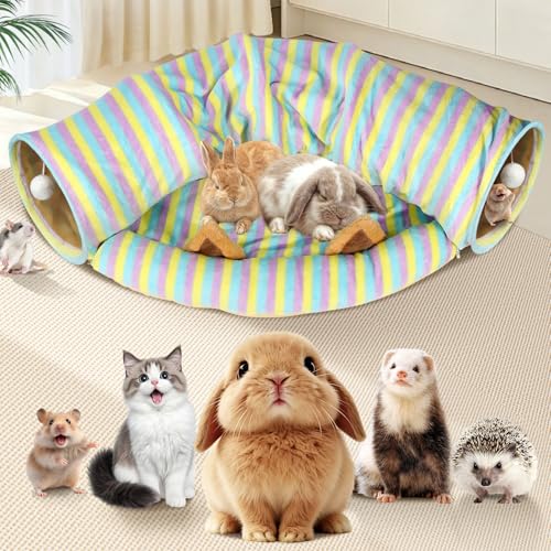 Spardar 2-in-1 Bunny Tunnel Bed, with Removable Mat Hideout,Stripe | Collapsible Tunnel Tubes Toys, Washable, Interactive Toys for Rabbits, Chinchilla, Hedgehog, Guinea, Kitty - color: Stripe