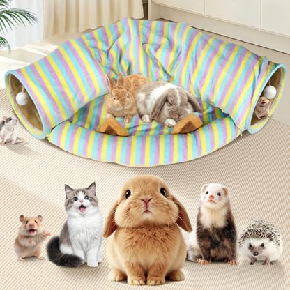 Spardar 2-in-1 Bunny Tunnel Bed, with Removable Mat Hideout,Stripe | Collapsible Tunnel Tubes Toys, Washable, Interactive Toys for Rabbits, Chinchilla, Hedgehog, Guinea, Kitty - color: Stripe