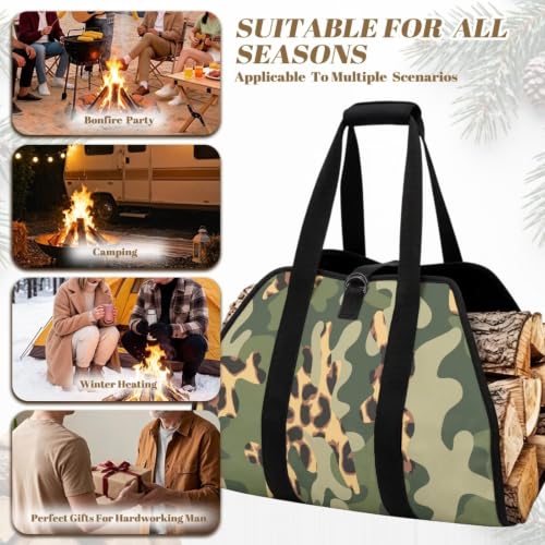 Leopard Camo Print Firewood Log Carrier Tote Bag | Water Resistant, Adjustable Buckle, Open-Ended Design, Suitable for Fireplace, RV Camping and Bonfire - color: Jungle Green Leopard Camo Mix Print