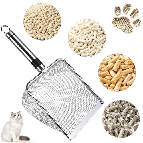 2-Pack Stainless Steel Cat Litter Scoop, 3.8mm Fine Mesh & 5mm Metal Scooper, 5.5-Inch Wide Deep Shovel, Long Handle, Rustproof Cat Poop Scooper for Clumping Litter, Multi-Pet & Beach Sand