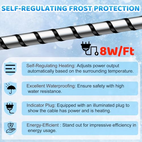 Kingdder 12 Ft (6FT~48FT) Heat Tape for Water Pipes Thermostat Self Regulating Heating Cable with Power Indicator Plug Built-in, Heavy Duty Heating Cable for Pipe Freeze Protection, 120V 8W/ft - size: 12 Ft