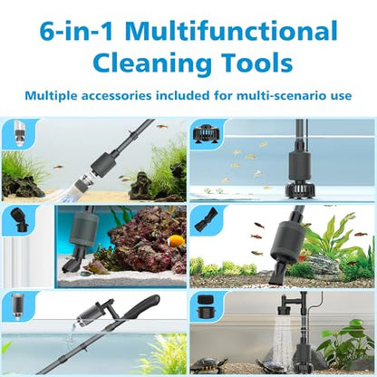 fishkeeper Electric Aquarium Gravel Cleaner, 6 in 1 Automatic Fish Tank Cleaning Tools Gravel Vacuum for Aquarium, Suitable for Water Change Wash Sand Water Circulation Adjustable Flow (25W, 265GPH)