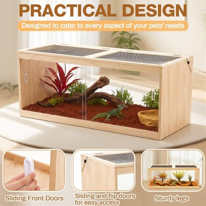 CroBlissful 47" L x 16" W x 16" H Bearded Dragon Enclosure Tank (44 Gallons) –Reptile Enclosure, Lizard Terrarium with Sliding Door & Metal Mesh Top, Suitable for Reptiles, Hamsters (Solid Wood Style)