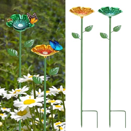 M METERXITY 2-Pack Bee Watering Stations, 64cm/25 Inch Iron Bee Bath for Garden Water Feeder, Colorful Butterfly Bath Bowl for Outdoor/Garden/Yard Decor [Yellow/Green] - color: Yellow, green