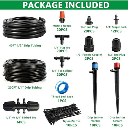 135PCS 240FT Drip Irrigation System Set, Automatic Drip Irrigation Kit for Greenhouse, Yard, Lawn, Plant, with 1/2 inch Hose, 1/4 inch Distribution Tubing and Accessories - size: 135PCS-240FT Irrigation Kit