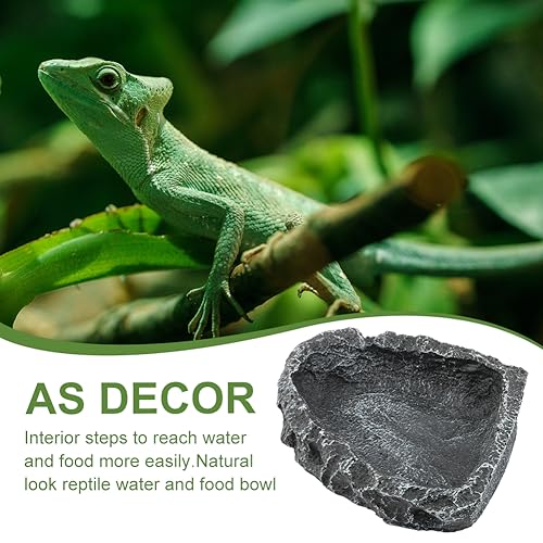 Reptile Bowls, 2 Pcs Reptile Feeding Dish with Clamp & Shovel, Resin Rock Reptile Water & Food Bowls, Amphibian Reptile Feeding Terrarium Bowls for Gecko Lizard Spider Scorpion Chameleon