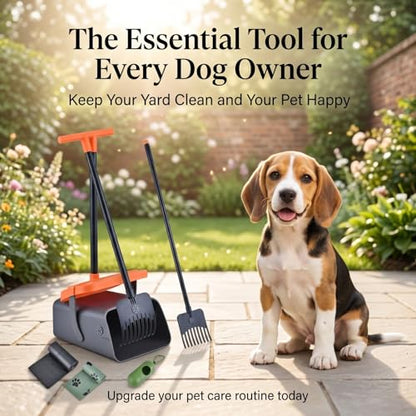 46-Inch Dog Pooper Scooper, Swivel Bin & Rake Set with Extended Handle, Odor-Sealing Lid, Bag Holder + 35 Free Waste Bags, for Large Small Dogs, Yard & Outdoor Use