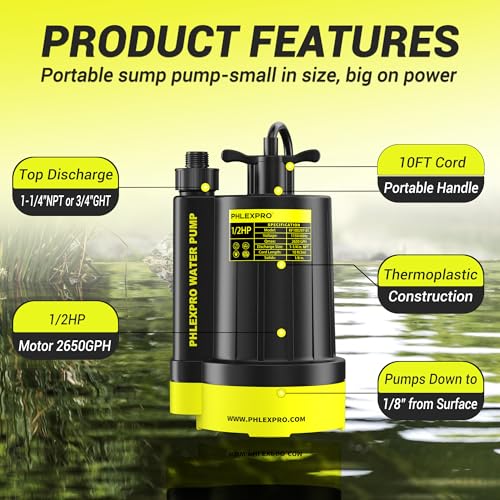 1/2HP Automatic Submersible Sump Pump, 5300 GPH Water Pump | 3/4" Garden Hose Check Valve Adapter, 2650 GPH Water Removal for Swimming Pool Cover Hot Tubs Flooded House Basement - color: Black-yellow