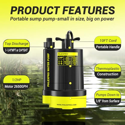 1/2HP Automatic Submersible Sump Pump, 5300 GPH Water Pump | 3/4" Garden Hose Check Valve Adapter, 2650 GPH Water Removal for Swimming Pool Cover Hot Tubs Flooded House Basement - color: Black-yellow