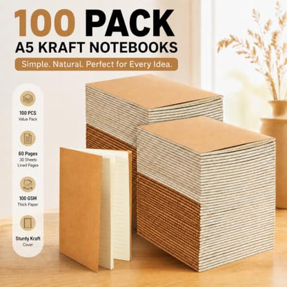 100 Pcs Journals Notebooks Bulk - Kraft Softcover A5 Small Notebooks 5.5 Inch x 8.3 Inch Notepads with 60 Page 30 Sheet for Writing Sketch Travel Office Supplies(Brown,Lined) - color: Brown, style: Lined
