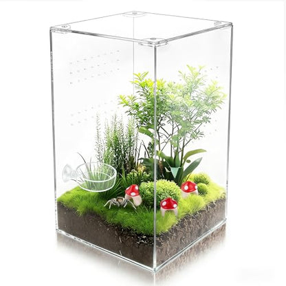 Jumping Spider Enclosure Kit with 3 Mushroom Hides 1 Feeding Dish- 10x6x6 Inch Acrylic Vertical Reptile Tank for Tarantulas, Mantis, Hermit Crabs & Small Pets (Clear)