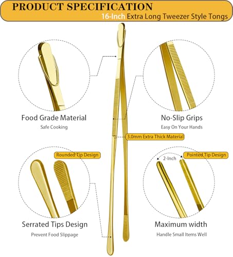 JETKONG 2 Pcs 16-Inch Heavy Duty Cooking Tweezers Extra Large Stainless Steel Food Tweezers Gaint Kitchen Tweezer Tongs (Gold) - color: Gold, size: 16+16 Inch
