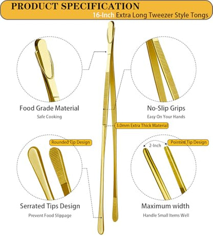 JETKONG 2 Pcs 16-Inch Heavy Duty Cooking Tweezers Extra Large Stainless Steel Food Tweezers Gaint Kitchen Tweezer Tongs (Gold) - color: Gold, size: 16+16 Inch