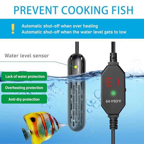 YukiHalu Small Aquarium Heater 25/50/100/150W with Protective Cover, Mini Fish Tank Heater, External Controller, Temperature Adjustable, Digital Display, Used for 5/10/20/30 Gallons (100W-20Gallon) | 25/50/100/150W Options, Protective Cover, External Cont