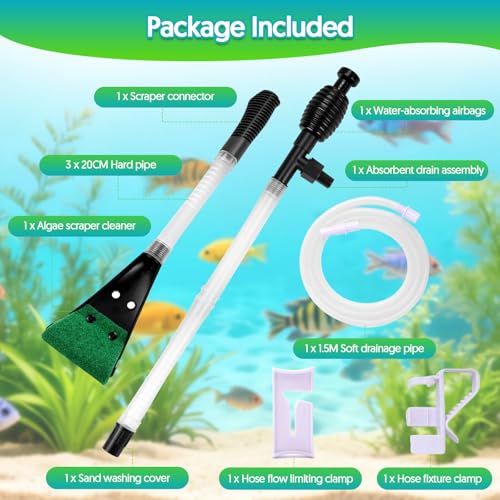 Fish Tank Cleaner Gravel Vacuum for Aquarium | Aquarium Siphon, Water Changer, Double Sided Sponge Brush Algae Scraper, Fish Tank Cleaning Kit, Gravel & Sand Cleaning - color: Black