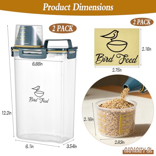 2 Pcs 3.17 Qt/3 L Bird Seed Storage Container Airtight- Portable Bird Food Container with Airtight Measuring Cup, Clear Pet Parrot Seed Dispenser for Birds Food Chicken Feed Storage, Blue Lid