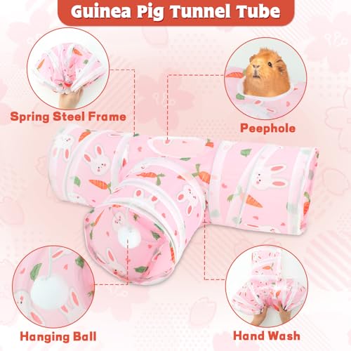 YUEPET Guinea Pig Tunnel, Guinea Pig Toys, 3-Way Play Tunnel Hideout, Pink | Guinea Pig Play Tubes, Collapsible Design, Hanging Play Ball, Folds for Storage, for Bunny Chinchilla Ferret Hamster - color: Pink