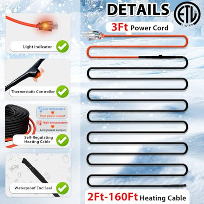 HEATIT 160ft Heating Tape for Metal And Plastic Home Pipes ETL 120V 3W/FT | Automatically adjusts heating power to improve energy efficiency, safe to overlap, cross, spiral wrap without overheating. - style: 160 ft