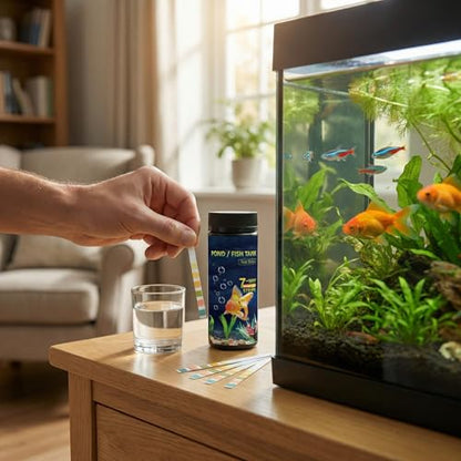7-in-1 Pond & Fish Tank Test Strips - 50 Count | Fast 30s Water Test Kit for Carbonate, pH, Hardness, Chlorine, Nitrate, Nitrite | Freshwater & Saltwater Aquariums