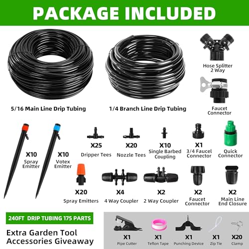 240FT DIY Automatic Drip Irrigation System Kit for Garden | Plant Watering for Greenhouse Patio Lawn, Adjustable Emitters, 5/16" & 1/4" Tubing