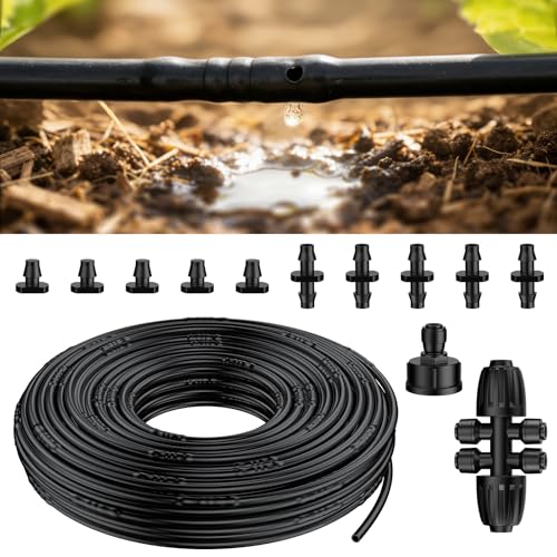 Pawfly 100 ft 1/4 Drip Irrigation Tubing, 1/4" Emitter Tubing with 6" Spacing, Polyethylene Drip Line with 12 Parts, Black Distribution Tubing for Drip Irrigation System, Drip Irrigation Hose Roll - size: 100 FT Kit with Emitters Drip Irrigation Tubing