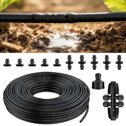 Pawfly 100 ft 1/4 Drip Irrigation Tubing, 1/4" Emitter Tubing with 6" Spacing, Polyethylene Drip Line with 12 Parts, Black Distribution Tubing for Drip Irrigation System, Drip Irrigation Hose Roll - size: 100 FT Kit with Emitters Drip Irrigation Tubing