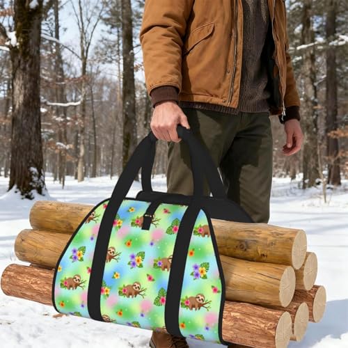 AMRANDOM Firewood Bag Carrier, Sloth Spring Flowers Log Tote Wood Carrying Bag With Handles for Camping Trip Christmas - color: Color1023