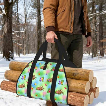 AMRANDOM Firewood Bag Carrier, Sloth Spring Flowers Log Tote Wood Carrying Bag With Handles for Camping Trip Christmas - color: Color1023