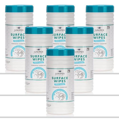 Juniper CLEAN 6 Pack Surface Cleaning Wipes Bleach Free, All-Purpose Cleaner for Bathroom, Kitchen, Office, 450 Count Canister, 7.5" x 7" Sheet, Fresh Scent, Lint Free & Durable - size: 75 Count (Pack of 6)