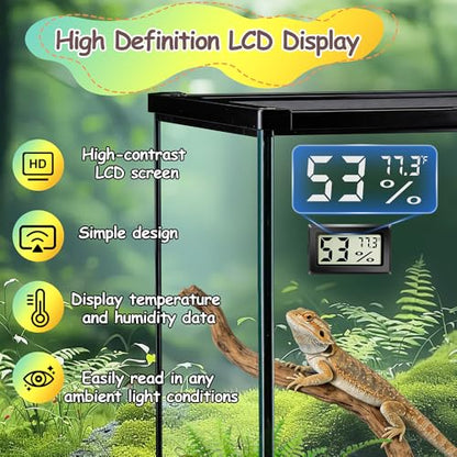 2PCS Reptile Thermometer and Hygrometer Gauge Adhesive Digital Terrarium Hygrometer Reptile Tank Accessories for Bearded Dragon Jumping Spider Leopard Gecko Lizard Ball Python Hermit Crab