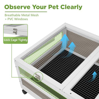 Tortoise Habitat with Lamp Holder in Indoor & Outdoor, Wooden Extensible Turtle Enclosure Table with 4 360° Lockable Wheels, Leakproof Tray, Openable Roof for Tortle, Lizard, Chameleon