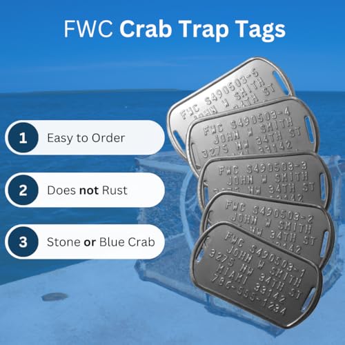 Personalized FWC Crab Trap Tags - Five Serialized Rust Proof ID Tags