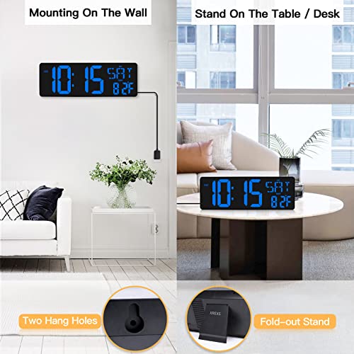 XREXS 17.2 Inch Large Digital Wall Clock with Remote Control | LED Large Display Count Up & Down Timer, Adjustable Brightness Plug-in Alarm Clock with Temperature for Home, Gym, Office - color: Blue