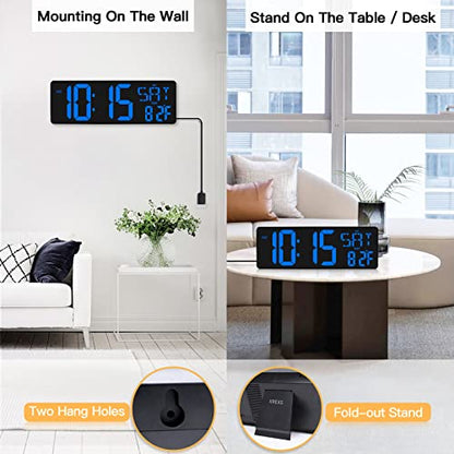 XREXS 17.2 Inch Large Digital Wall Clock with Remote Control | LED Large Display Count Up & Down Timer, Adjustable Brightness Plug-in Alarm Clock with Temperature for Home, Gym, Office - color: Blue