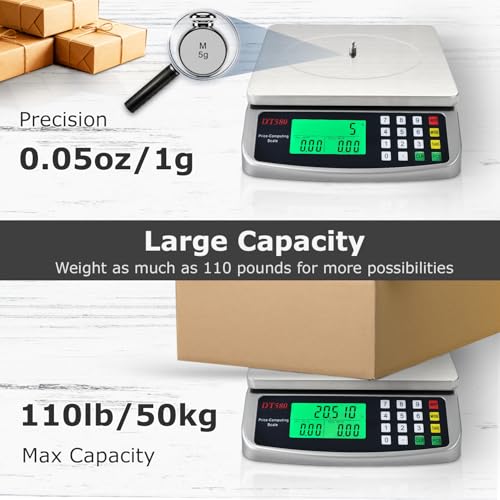 110lb Food Scale, Digital Kitchen Scale with Price Computing Commercial Scale 5 Units, Hold, Tare, PCS, 304 Stainless Steel for Baking, Cooking, Meat, Counting, Adapter Included - color: Silver 50kg (Hold Mode)