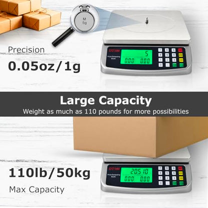 110lb Food Scale, Digital Kitchen Scale with Price Computing Commercial Scale 5 Units, Hold, Tare, PCS, 304 Stainless Steel for Baking, Cooking, Meat, Counting, Adapter Included - color: Silver 50kg (Hold Mode)
