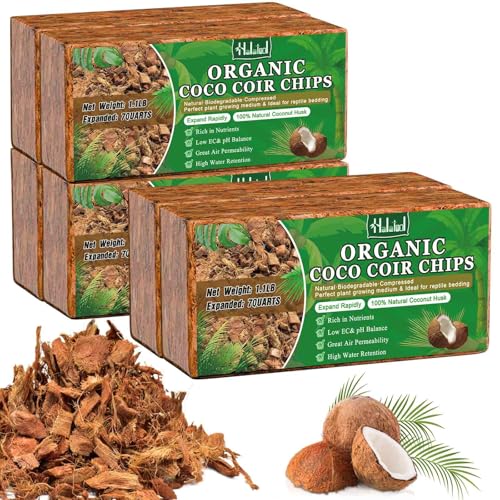 Halatool 6 Pcs Coco Husk Chips for Plants - 6.6 LB 100% Organic Coconut Coir Chips with Low EC and pH Balanced, Compressed Coco Substrate Growing Mulch Medium for Landscaping, Herbs, Plants, Flowers - color: 6pcs
