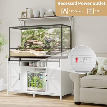 VOWNER 48"x24"Reptile Tank Stand with Power Outlet & Storage Cabinet, White | Fits up to 120 Gallon Bearded Dragon Tank, Sliding Barn Doors, Heavy Duty Aquarium Stand, Reptile Turtle Terrarium Stand - color: White + Walnut