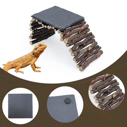 Bearded Dragon Tank Accessories - Natural Rock Basking Platform & Wooden Climbing Bridge Ladder Hideout, Habitat Décor for Tortoise, Snake, Gecko & Reptile Terrariums