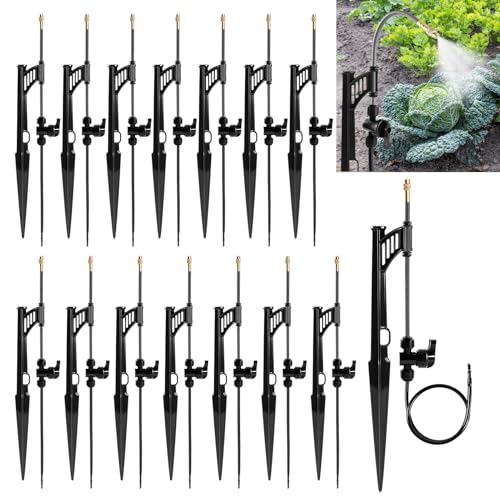 15 Sets 360° Adjustable Irrigation Misting Heads with Stake | Micro Spray Emitters with 1/4" Irrigation Tubing on Riser Stake,Atomizing Sprinkler Stake Assembly for Garden Watering System - size: 15 Sets Misting Heads with Stake