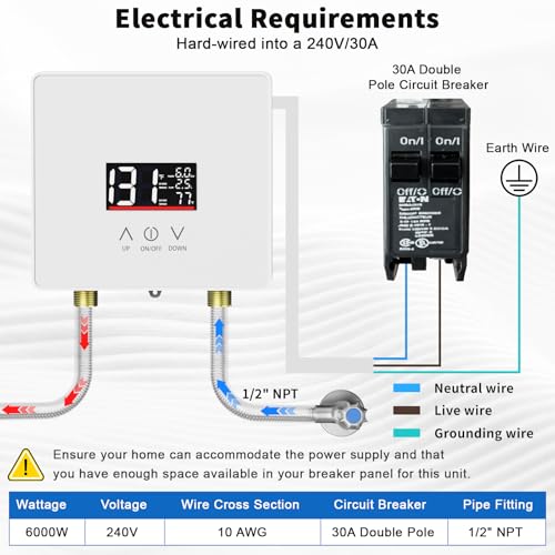 Tankless Water Heater Electric, 240V 6000W Under Sink Instant Hot Water Heater with Digital Display & Touch Screen, On-Demand Point-of-Use for Kitchen Bathroom Laundry RV - Energy Saving - color: White