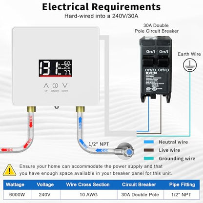 Tankless Water Heater Electric, 240V 6000W Under Sink Instant Hot Water Heater with Digital Display & Touch Screen, On-Demand Point-of-Use for Kitchen Bathroom Laundry RV - Energy Saving - color: White