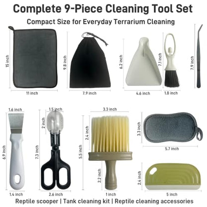 Reptile Cleaning Kit 9PCS, Terrarium Cleaning Tools Set with Scraper, Brush, Tweezers & Sponge, Tank Maintenance Kit for Bearded Dragon, Gecko, Snake Habitat Supplies