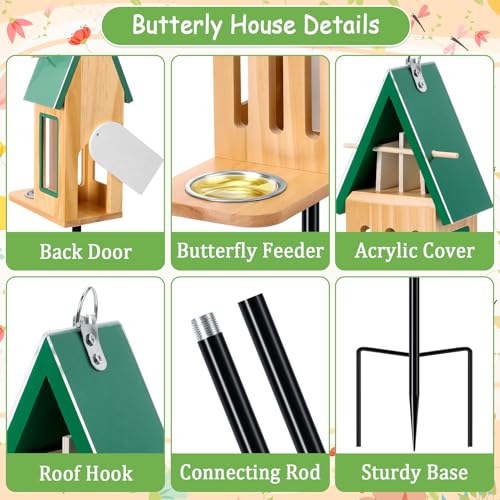 New Upgraded Butterfly House and Feeder for Outside Wooden Butterfly House | with Metal Stake for Garden Backyard, Natural Butterflies Habitat with Puddler on Floor or Hanging on Tree Wall